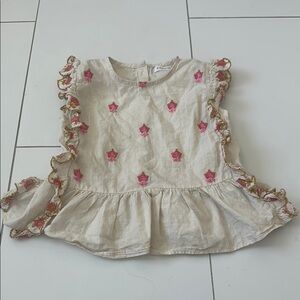 ethnics Baby girl Cream Ruffle Top with Pink Floral Embroidery 4/5Y boho